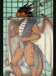  ambiguous_gender anthro black_hair claws dragon genital_slit glass green_eyes hair horn invalid_tag male nude orange_skin scalie shower slit solo standing syrinoth towel water wet wings 