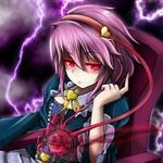  breasts cleavage cleavage_cutout expressionless glowing glowing_eyes heart komeiji_satori lightning looking_at_viewer purple_hair red_eyes sitting small_breasts solo third_eye touhou turn-a 
