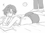  1boy 1girl chips comic eating eroe food genderswap genderswap_(mtf) greyscale hasumi_souji_(eroe) igarashi_kyou_(eroe) lying monochrome on_bed on_stomach original reading short_hair shorts spoken_exclamation_mark underwear underwear_only 