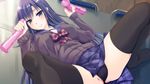  1girl black_legwear blue_eyes blush breasts cameltoe character_request dildo game_cg highres large_breasts legs long_hair looking_at_viewer love_ecchi_dessin lying panties purple_hair school_uniform skirt smile spread_legs sweat thighs underwear upskirt 