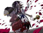  backstab bowl bowl_hat commentary crying crying_with_eyes_open hat holding_needle horns impaled japanese_clothes kijin_seija kimono mallet multicolored_hair multiple_girls needle open_mouth petals purple_eyes purple_hair red_eyes shope stabbed stabbing sukuna_shinmyoumaru tears touhou wristband 