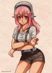  breast_hold breasts headphones highres large_breasts long_hair looking_at_viewer nitroplus open_mouth pink_hair plectrum racoon-kun red_eyes smile solo super_sonico suspenders 