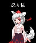  :&lt; alphes_(style) anger_vein animal_ears autumn_leaves bare_shoulders black_background breasts detached_sleeves hands_on_hips hat inubashiri_momiji leaf looking_at_viewer medium_breasts parody pom_pom_(clothes) shimadu shirt short_hair silver_hair simple_background skirt solo style_parody tail tokin_hat touhou translated triangle_mouth wolf_ears wolf_tail 