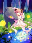  amrta animal_ears barefoot dress feet grass horns original pink_hair purple_eyes short_hair sitting smile soaking_feet soles solo tapir toes tree vest water wavy_hair 