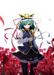  arm_ribbon belt black_legwear blue_eyes blurry crown depth_of_field epaulettes flower frown green_hair hat hat_ribbon high_collar highres long_sleeves looking_at_viewer petals pointy_ears ribbon ribbon-trimmed_legwear ribbon_trim rihito_(usazukin) rod_of_remorse shiki_eiki short_hair skirt solo spider_lily thighhighs touhou tsurime vest white_background wind zettai_ryouiki 