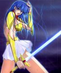  armor asou_yuuko bikini_armor blue_eyes blue_hair glowing glowing_weapon holding holding_weapon looking_at_viewer lowres mugen_senshi_valis rain shoulder_pads solo sword telnet valis weapon 