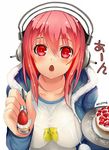  akizone bad_id bad_pixiv_id breasts cake food fruit headphones large_breasts long_hair looking_at_viewer nitroplus open_mouth pink_hair red_eyes solo spoon strawberry super_sonico 