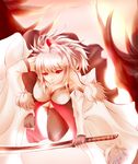  animal_ears bare_shoulders black_legwear breasts cleavage detached_sleeves hat highres inubashiri_momiji katana large_breasts masakaze_ryou pom_pom_(clothes) red_eyes short_hair silver_hair solo sword thighhighs tokin_hat touhou weapon wolf_ears 