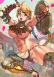  1girl abs armor armpits arms_up bikini_armor black_panties blonde_hair blue_eyes boots braid breasts circlet commentary_request f.s. gloves highres large_breasts lips long_hair looking_at_viewer midair midriff muscle muscular_female navel open_mouth original panties shield shiny shiny_hair shiny_skin skindentation solo sword teeth thighs tongue twin_braids underwear vambraces weapon 