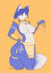  anthro armor big_breasts black_nose blue_fur blue_hair bra breasts brown_eyes canine chest_tuft clothed clothing cosplay female fluffy_tail fox fur hair krystal loincloth looking_at_viewer mammal nintendo open_mouth solo star_fox starfighter topless tuft underwear video_games white_fur 