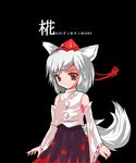 alphes_(style) animal_ears autumn_leaves bare_shoulders black_background breasts detached_sleeves hat inubashiri_momiji leaf looking_at_viewer medium_breasts parody pom_pom_(clothes) red_eyes shimadu shirt short_hair silver_hair simple_background skirt smile solo style_parody tail tokin_hat touhou translated wolf_ears wolf_tail 