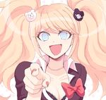  bear_hair_ornament blue_eyes bow breasts cleavage danganronpa danganronpa_1 drawr enoshima_junko hair_ornament laughing long_hair looking_at_viewer medium_breasts nail_polish necktie open_mouth pink_hair pointing pointing_at_viewer school_uniform skirt sleeves_rolled_up smile solo spoilers tomatok0 twintails 