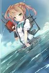  blush bonkiru brown_hair cloud covering covering_crotch day dutch_angle highres kantai_collection looking_at_viewer michishio_(kantai_collection) ocean school_uniform skirt sky solo suspenders turret water 