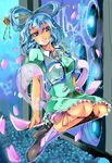  blue_eyes blue_hair breasts dress floating hair_ornament hair_rings hair_stick kaku_seiga large_breasts nmknf_(mkn) petals puffy_sleeves shawl slippers smile socks solo touhou 