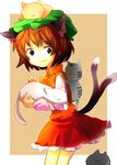  :3 animal animal_ears animal_on_head bad_id bad_pixiv_id bare_legs bow brown_background brown_eyes brown_hair cat cat_on_head cat_tail chen dress earrings hat holding jewelry multiple_tails no_nose on_head red_dress short_hair simple_background smile solo tail touhou yuichiitan 