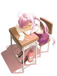  ahoge blush chair closed_eyes desk from_above glasses head_rest kantai_collection long_hair long_sleeves makigumo_(kantai_collection) nagian pantyhose pink_hair purple_skirt rimless_eyewear school_uniform sitting skirt sleeping sleeves_past_fingers sleeves_past_wrists solo 
