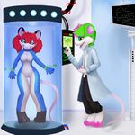  anthro bodysuit breasts clothing cute female fur green_eyes green_fur hair jamesfoxbr laboratory male mammal mouse open_mouth rat rodent scientist skinsuit smile standing teeth transformation 