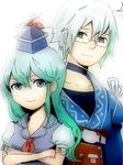  1girl ahoge aqua_hair ascot bad_id bad_pixiv_id blue_eyes choker collarbone couple crossed_arms glasses hat height_difference hetero kamishirasawa_keine light_smile morichika_rinnosuke no_nose pouch puffy_short_sleeves puffy_sleeves short_sleeves silver_hair simple_background touhou yellow_eyes yuichiitan 
