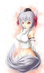  animal_ears bare_shoulders bottomless breasts detached_sleeves groin hat inubashiri_momiji large_breasts midriff navel onigiri_(artist) open_mouth pom_pom_(clothes) red_eyes short_hair silver_hair solo tail tail_censor tokin_hat touhou wolf_ears wolf_tail 