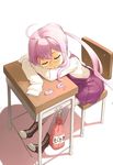  ahoge blush boots chair closed_eyes desk from_above glasses head_rest kantai_collection long_hair long_sleeves makigumo_(kantai_collection) nagian pantyhose pink_hair purple_skirt rimless_eyewear school_uniform sitting skirt sleeping sleeves_past_fingers sleeves_past_wrists solo 