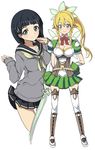  bad_id bad_pixiv_id black_hair blonde_hair boots braid dual_persona echizen_(hvcv) green_eyes highres kirigaya_suguha leafa leafa_(sao:im) long_hair multiple_girls pointy_ears ponytail school_uniform serafuku short_hair sword sword_art_online sword_art_online:_infinity_moment twin_braids weapon 