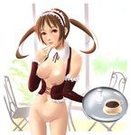  1girl blush bottomless breasts brown_eyes brown_hair chair character_request coffee corset cup detached_collar elbow_gloves female frills gloves headdress lips long_hair maid maid_headdress navel nipples original pussy shuuji_(shumi) solo source_request table tray twintails uncensored waitress 