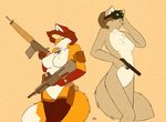  anthro assault_rifle big_breasts black_nose breasts brown_eyes brown_hair canine chest_tuft duo eye_contact female fluffy_tail fox fur grey_fur grin gun hair holster mammal multi-colored_hair nightvision_goggles orange_fur piercing pistol ranged_weapon rifle silencer size_difference smile starfighter tuft weapon wolf 