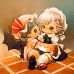 bat_wings blue_hair brown_eyes gloves hat holding_hands izayoi_sakuya maid_headdress mary_janes mob_cap multiple_girls red_eyes remilia_scarlet shoes short_hair short_twintails silver_hair sitting sitting_on_lap sitting_on_person smile socks souri thighhighs tile_floor tiles touhou twintails wings younger 