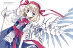  adapted_costume alice_margatroid bad_id bad_pixiv_id blonde_hair blue_dress blue_eyes cierra_(ra-bit) dress hair_ribbon looking_at_viewer puffy_short_sleeves puffy_sleeves ribbon sash shirt short_sleeves simple_background solo sword touhou weapon white_background wings 