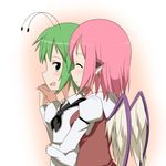  :d ^_^ androgynous animal_ears antennae arm arm_around_waist bird_wings blush breasts cato_(monocatienus) closed_eyes collared_shirt couple earrings flat_chest green_eyes green_hair holding_hands interlocked_fingers jewelry juliet_sleeves long_sleeves looking_at_another looking_back multiple_girls mystia_lorelei no_hat no_headwear open_mouth pink_hair puffy_sleeves ribbon shirt short_hair single_earring smile touhou vest wings wriggle_nightbug yuri 