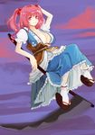  areola_slip areolae breasts cleavage cloud collarbone frilled_skirt frills hair_bobbles hair_ornament hand_on_own_head highres koung_(looofa) large_breasts looking_at_viewer onozuka_komachi pink_eyes pink_hair puffy_short_sleeves puffy_sleeves reclining sash scythe short_sleeves skirt sky smile solo touhou two_side_up 