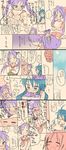  :3 ahoge birthday blue_eyes blue_hair blush comic gift_bag hair_ribbon highres hiiragi_kagami hiiragi_tsukasa izumi_konata long_hair lucky_star multiple_girls purple_eyes purple_hair ribbon ryouou_school_uniform school_uniform serafuku short_hair translated tsuna_(pixiv220877) twintails yuri 