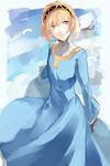  aegis_(persona) bad_id bad_pixiv_id blonde_hair blue blue_eyes bright_pupils dress eco_(mamenoki) headband headphones highres long_sleeves parted_lips persona persona_3 short_hair solo 