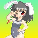 :p animal_ears black_hair blush bunny_ears carrot covered_navel hand_on_hip inaba_tewi one-piece_swimsuit red_eyes school_swimsuit shiny shiny_clothes solo swimsuit tongue tongue_out touhou whistle winn 