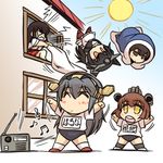  ahoge akagi_(kantai_collection) angry bangs black_hair black_legwear blush boots bowing brown_eyes brown_hair chibi closed_eyes commentary_request exercise futon hairband haruna_(kantai_collection) headgear hisahiko kaga_(kantai_collection) kantai_collection long_hair multiple_girls musical_note nagato_(kantai_collection) nontraditional_miko pleated_skirt radio radio_exercises red_eyes ribbon-trimmed_sleeves ribbon_trim side_ponytail skirt thigh_boots thighhighs translated treble_clef very_long_hair white_legwear wide_sleeves yukikaze_(kantai_collection) 