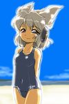  arms_behind_back beach blue_sky blurry blush brown_eyes covered_navel day depth_of_field earmuffs one-piece_swimsuit outdoors platinum_blonde_hair pointy_hair school_swimsuit seaside sky smile solo swimsuit touhou toyosatomimi_no_miko winn 