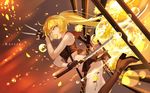  blonde_hair boots flowers glove joseph_lee kneehighs knife long_hair original petals ponytail sword weapon yellow_eyes 