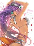  arched_back arm_up armor artist_name bangle bikini_armor bracelet breasts creayus dark_skin dragon_quest dragon_quest_iv earrings headgear heart jewelry large_breasts long_hair looking_at_viewer looking_back manya pelvic_curtain petals purple_eyes purple_hair sideboob simple_background sketch smile solo strap_gap very_long_hair white_background 