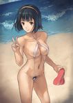  beach black_hair breasts brown_eyes cleavage excessive_pubic_hair hairband holding holding_shoes idolmaster idolmaster_(classic) looking_at_viewer medium_breasts mole mole_under_mouth navel o-ring o-ring_swimsuit ocean otonashi_kotori outdoors pubic_hair sandals shoes short_hair slingshot_swimsuit smile solo swimsuit v water white_swimsuit yuzawa 