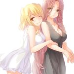  blonde_hair bloom breasts brown_eyes dress fairy_tail flare_corona hug hug_from_behind large_breasts long_hair lucy_heartfilia multiple_girls one_eye_closed red_hair simple_background strib_und_werde very_long_hair white_background 