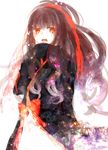  azami_(kagerou_project) bad_id bad_pixiv_id black_hair blush forks017 gorgon hair_ornament highres japanese_clothes kagerou_project long_hair looking_at_viewer monster_girl open_mouth red_eyes scarf simple_background solo white_background 