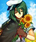  cape eyepatch flower green_eyes green_hair hebino_rai kantai_collection kiso_(kantai_collection) remodel_(kantai_collection) solo sunflower 
