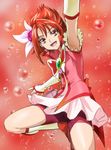  arm_up bike_shorts cure_rouge haruyama_kazunori looking_at_viewer magical_girl natsuki_rin open_mouth precure red_background red_eyes red_shorts short_hair shorts skirt solo yes!_precure_5 yes!_precure_5_gogo! 