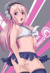  blush breasts cheerleader cleavage covering covering_ass headphones highres large_breasts long_hair looking_at_viewer looking_back navel nitroplus open_mouth pink_eyes pink_hair solo super_sonico tako_maru thighhighs 