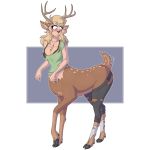  2018 alpha_channel antlers big_breasts blonde_hair blue_eyes blush bra breasts cervine clothing cross ear_piercing female freckles hair horn legwear long_hair mammal piercing post_transformation reindeer shirt socks solo standing story story_in_description surprise taur torn_clothing underwear unidentified-tf 