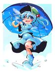  blue_dress blue_eyes blush boots commentary_request dress hair_bobbles hair_ornament hat highres kawashiro_nitori looking_at_viewer rubber_boots shinapuu short_hair smile solo splashing touhou umbrella 