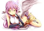  angel_wings book breasts covered_nipples feathered_wings halo hand_to_own_mouth jibril_(no_game_no_life) large_breasts long_hair looking_at_viewer lying magic_circle multicolored multicolored_eyes navel no_game_no_life on_side orange_eyes packge pose purple_eyes purple_hair red_eyes shirt solo taut_clothes taut_shirt wings yellow_eyes 