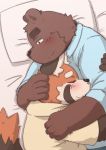  2015 ailurid anthro bed blush clothing duo eyes_closed hug humanoid_hands kota&acute; male mammal overweight overweight_male red_panda shirt ursine 