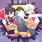  1girl anisakichi back-to-back bike_shorts black_hair choker commentary enomoto_takane facial_mark gas_mask headphones jacket kagerou_project konoha_(kagerou_project) open_mouth outstretched_arm pink_eyes ponytail red_eyes road_sign short_hair short_ponytail shorts shorts_under_skirt sign twintails white_hair 
