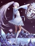  blue_eyes capelet dress from_side full_body high_ponytail holding holding_sword holding_weapon hongchajun ice left-handed long_hair looking_at_viewer magic_circle myrtenaster outstretched_arm rwby scar scar_across_eye short_dress silver_hair snowflakes solo standing sword very_long_hair weapon weiss_schnee white_dress white_footwear 
